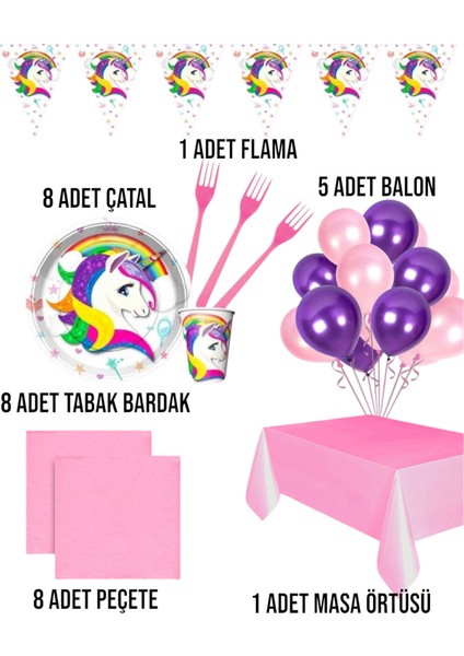 Unicorn Temalı Kız Çocuk Tek Boynuzlu At 8 Kişilik Set Doğum Günü Parti Malzemeleri fiyatları