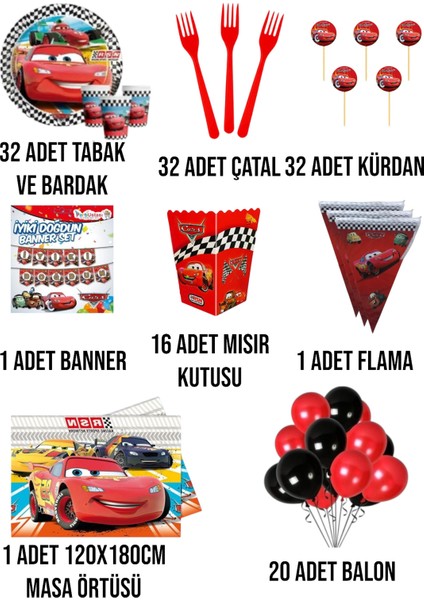 Cars Arabalar Temalı Erkek Çocuk Şimşek Mgueen 32 Kişilik Full Set Doğum Günü Parti Malzemeleri fiyatları