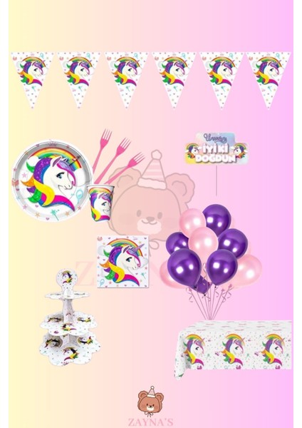 Unicorn 8 Kişilik Doğum Günü Parti Seti - Unicorn Konsepti Kek Standı