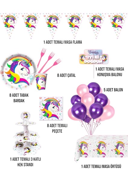 Unicorn 8 Kişilik Doğum Günü Parti Seti - Unicorn Konsepti Kek Standı fiyatları