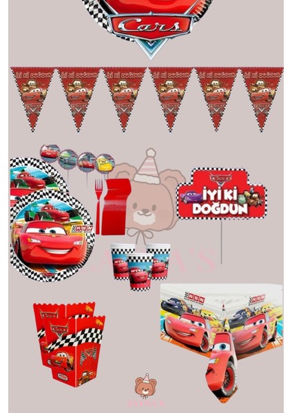 Cars Arabalar Temalı Erkek Çocuk Şimşek Mgueen 32 Kişilik Set Doğum Günü Parti Malzemeleri Seti