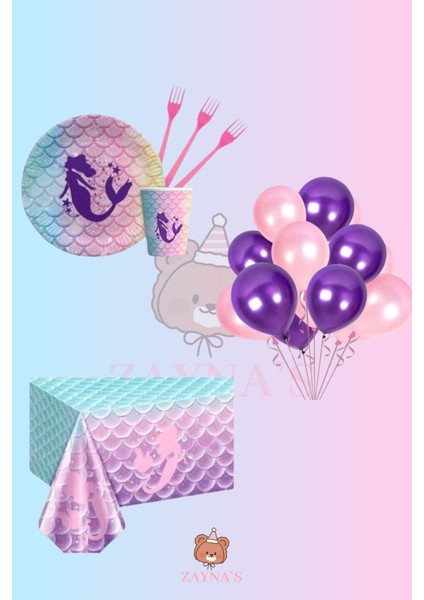 Deniz Kızı Temalı Kız Çocuk Doğum Günü Parti Seti - Kız Çocuk Doğum Günü Parti Süsleri 8 Kişilik