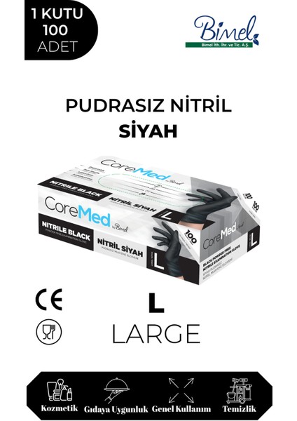 Nitril Siyah Pudrasız Muayene Eldiveni L - 5 Paket 100 Lü