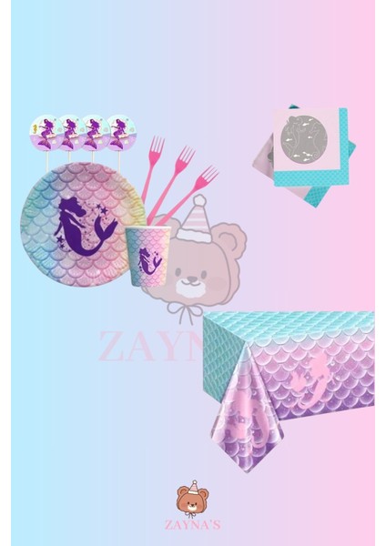 Deniz Kızı Temalı Kız Çocuk 24 Kişilik Doğum Günü Parti Seti - Deniz Kızı Konseptli Parti Süsleri