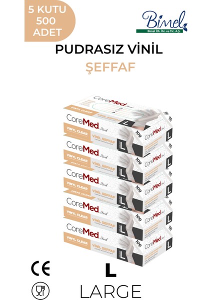 Vinil Şeffaf Pudrasız Muayene Eldiveni L - 5 Paket 100'LÜ
