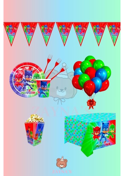 Pijamaskeliler Konseptli Kız Erkek Çocuk 8 Kişilik Doğum Günü Parti Seti