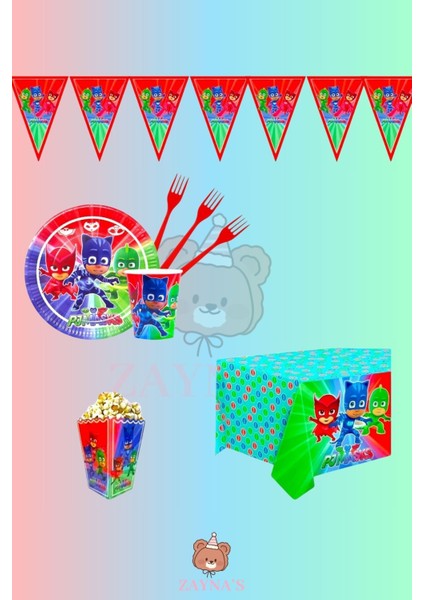 Pijamaskeliler Karakter Baskılı ve Temalı 24 Kişilik Doğum Günü Parti Seti Malzemeleri