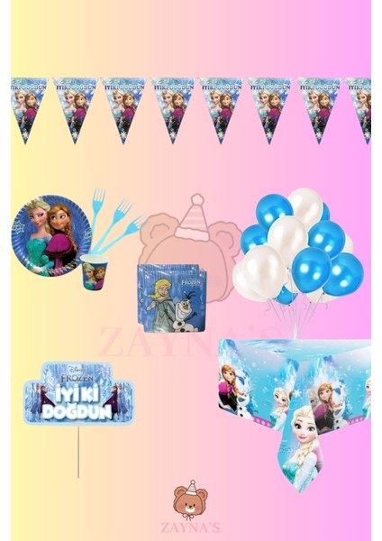 Frozen Elsa Temalı Karlar Ülkesi 32 Kişilik Doğum Günü Parti Seti - Elsa Frozen Konsept Parti Süs