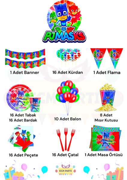 Pijamaskeliler Temalı 16 Kişilik Full Doğum Günü Parti Seti fiyatları