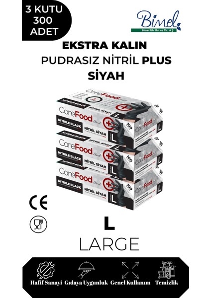 Ekstra Kalın Nitril Siyah Plus Muayene Eldiveni L - 3 Paket 100'LÜ