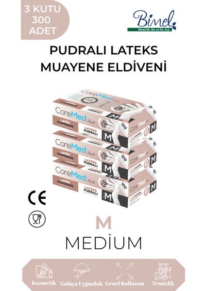 Lateks Pudralı Muayene Eldiveni M-3 Paket 100'LÜ