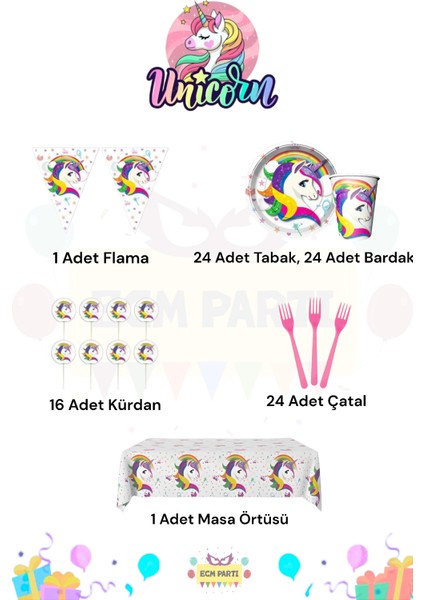 Unicorn Temalı 24 Kişilik Mini Doğum Günü Parti Seti fiyatları
