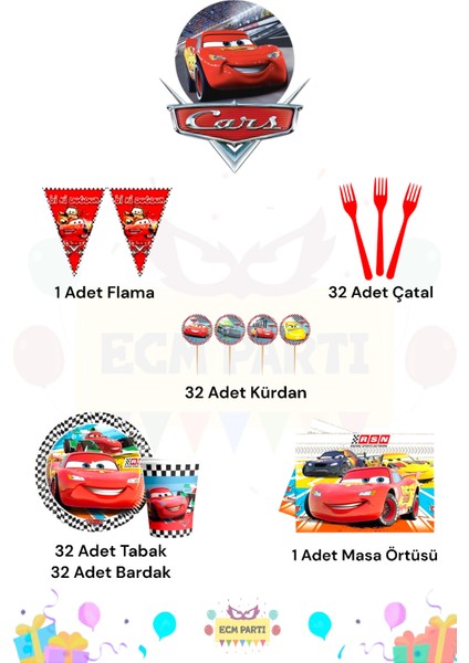 Cars-Arabalar Temalı 32 Kişilik Mini Doğum Günü Parti Seti fiyatları