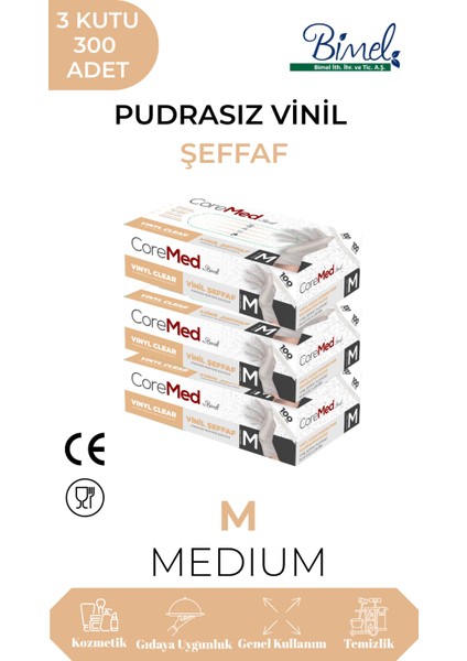 Vinil Şeffaf Pudrasız Muayene Eldiveni M - 3 Paket 100'LÜ