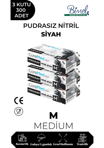Nitril Siyah Pudrasız Muayene Eldiveni M - 3 Paket 100 Lü