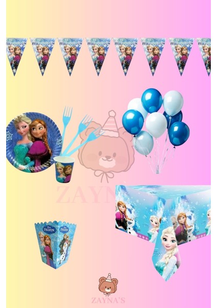 Frozen Elsa Temalı Karlar Ülkesi 16 Kişilik Doğum Günü Parti Seti - Elsa Karlar Ülkesi Konseptli