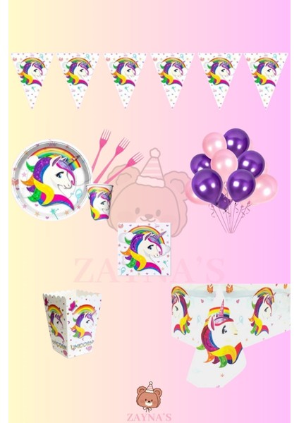 Unicorn Doğum Günü Parti Seti | 1-5 Yaş Arası | Unicorn Temalı Kız Çocuk Masa Süsleri 32 Kişilik