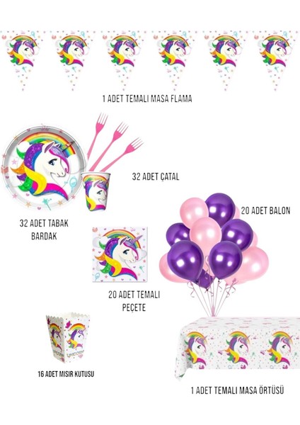 Unicorn Doğum Günü Parti Seti | 1-5 Yaş Arası | Unicorn Temalı Kız Çocuk Masa Süsleri 32 Kişilik fiyatları