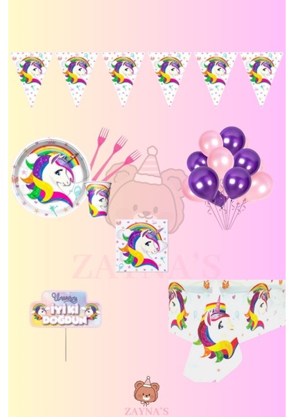 Unicorn 16 Kişilik Doğum Günü Parti Seti - Unicorn Konsept Parti Süsleri Tek Boynuzlu At