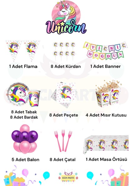 Unicorn Temalı 8 Kişilik Full Doğum Günü Parti Seti fiyatları