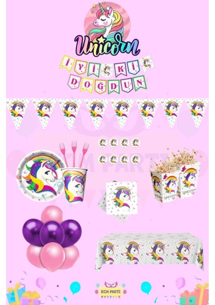 Unicorn Temalı 24 Kişilik Full Doğum Günü Parti Seti