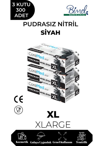 Nitril Siyah Pudrasız Muayene Eldiveni Xl - 3 Paket 100 Lü
