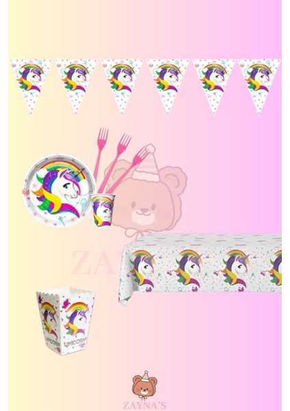 Unicorn Doğum Günü Parti Seti | 1-6 Yaş Arası | Unicorn Temalı Kız Çocuk Parti Süsleri 8 Kişilik