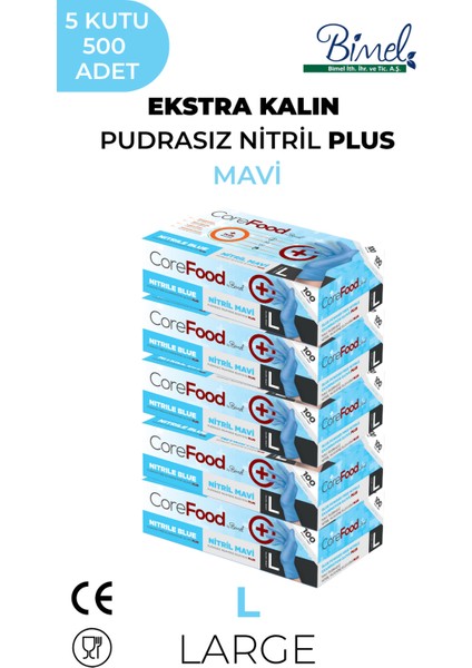Ekstra Kalın Nitril Mavi Plus Muayene Eldiveni L - 5 Paket 100'LÜ