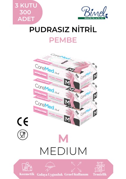 Nitril Pembe Pudrasız Muayene Eldiveni M - 3 Paket 100 Lü
