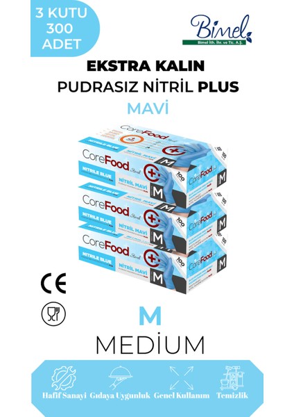 Ekstra Kalın Nitril Mavi Plus Muayene Eldiveni M - 3 Paket 100'LÜ