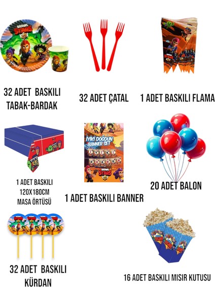 32 Kişilik Brawl Stars Temalı Full Set Doğum Günü Parti Malzemeleri Seti fiyatları