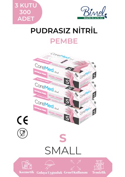 Nitril Pembe Pudrasız Muayene Eldiveni S - 3 Paket 100 Lü