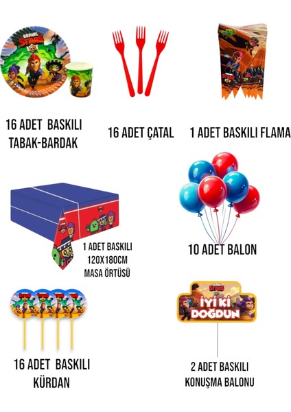 16 Kişilik Brawl Stars Temalı Erkek Çocuk Konuşma Balonlu Doğum Günü Parti Seti fiyatları
