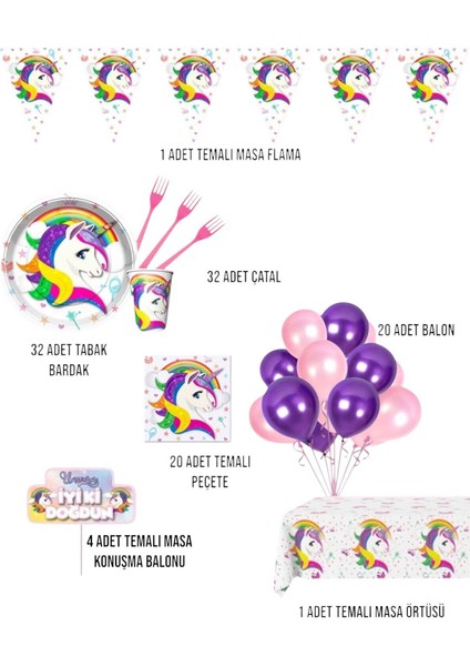 Unicorn Temalı 32 Kişilik Doğum Günü Parti Seti - Unicorn Konsept Parti Süsleri Tek Boynuzlu At fiyatları