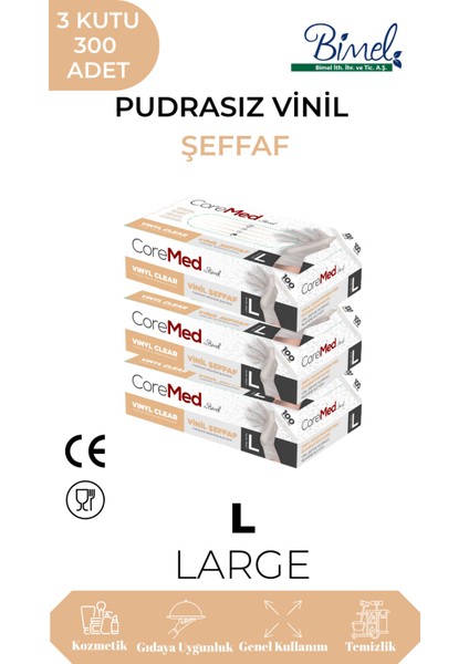Vinil Şeffaf Pudrasız Muayene Eldiveni L - 3 Paket 100'LÜ