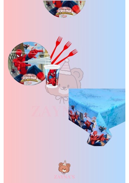 Örümcek Adam 16 Kişilik Parti Seti - Doğum Günü Parti Malzemesi Tabak Bardak Çatal Masa Örtüsü