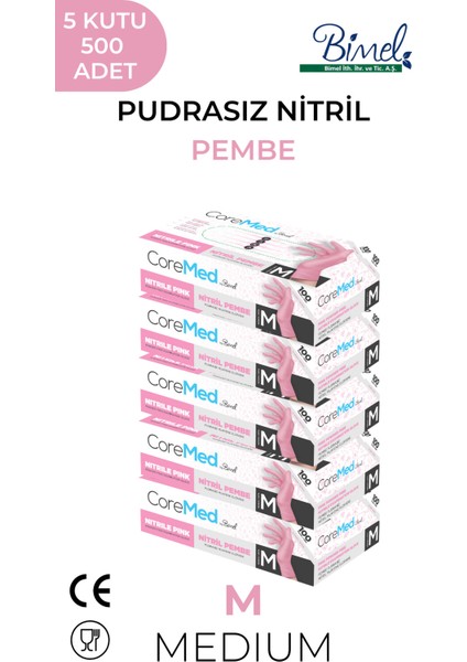Nitril Pembe Pudrasız Muayene Eldiveni M - 5 Paket 100 Lü