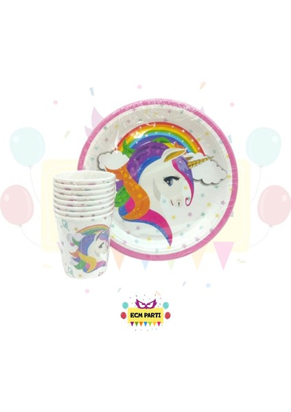 Unıcorn Temalı Karton Tabak ve Bardak Seti 16 Lı- Doğum Günü Parti Malzemeleri