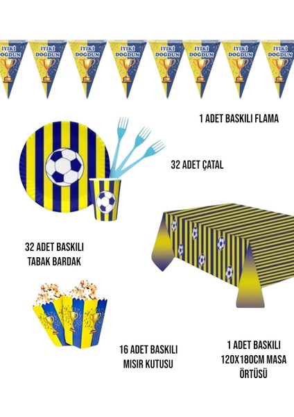 Sarı Lacivert Taraftar Doğum Günü Parti Seti - Çocuklara Özel Temalı Doğum Günü Konsepti 32 Kişilik fiyatları