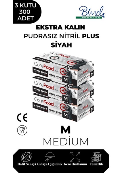 Ekstra Kalın Nitril Siyah Plus Muayene Eldiveni M - 3 Paket 100'LÜ