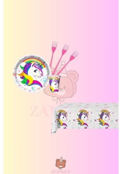 Unicorn Temalı Kız Çocuk Tek Boynuzlu At 32 Kişilik Doğum Günü Parti Seti - Unicorn Konseptli