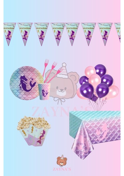 Deniz Kızı Temalı 32 Kişilik Doğum Günü Parti Seti - Deniz Kızı Konsepti Parti Süsleri