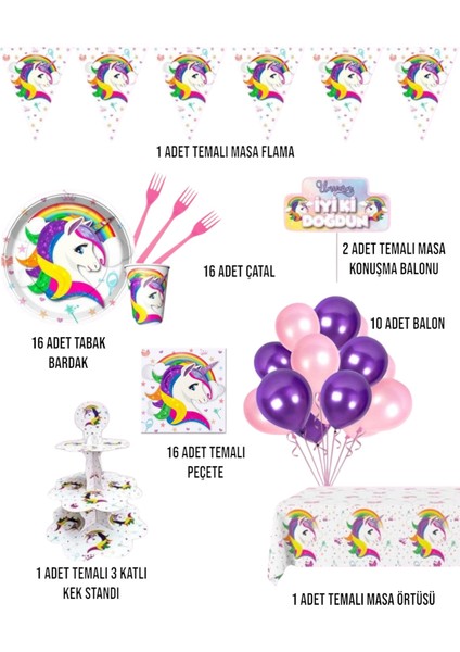 Unicorn 16 Kişilik Doğum Günü Parti Seti - Unicorn Konsepti Kek Standı fiyatları
