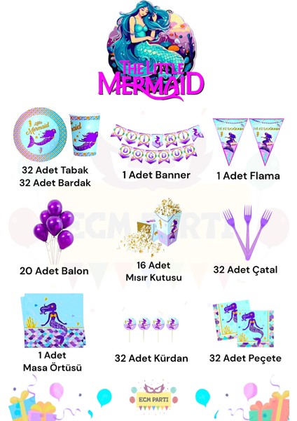 Deniz Kızı Temalı 32 Kişilik Full Doğum Günü Parti Seti fiyatları