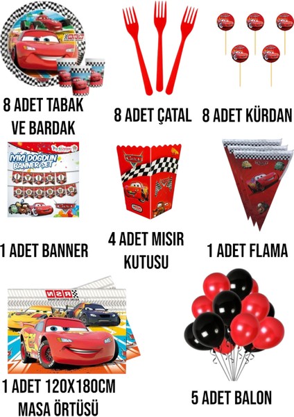 Cars Arabalar Temalı Erkek Çocuk Şimşek Mgueen 8 Kişilik Full Set Doğum Günü Parti Malzemeleri fiyatları