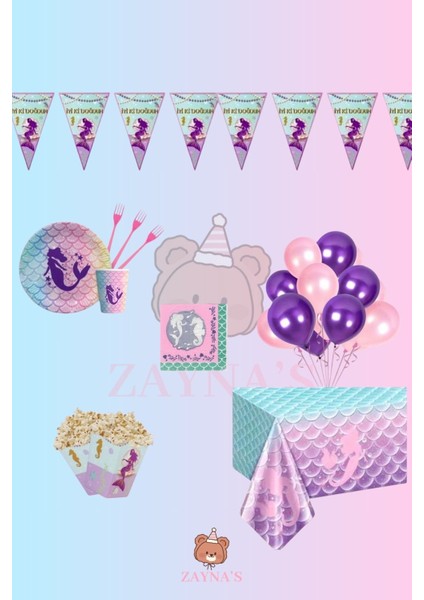 Deniz Kızı 24 Kişilik Doğum Günü Parti Seti - Deniz Kızı Konsepti Parti Süsleri