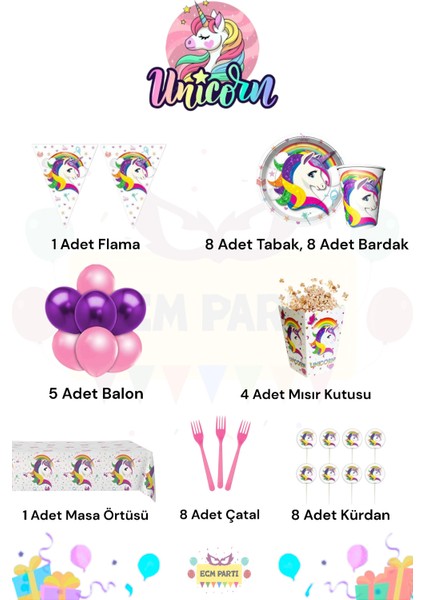 Unicorn Temalı 8 Kişilik Ultra Doğum Günü Parti Seti fiyatları