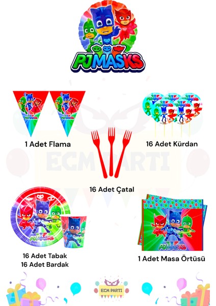 Pijamaskeliler Temalı 16 Kişilik Mini Doğum Günü Parti Seti fiyatları