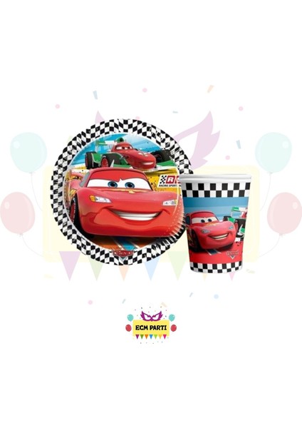 Cars Arabalar Temalı Karton Tabak ve Bardak Seti 8 Li - Doğum Günü Parti Seti Malzemeleri