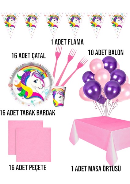 Unicorn Temalı Kız Çocuk Tek Boynuzlu At 16 Kişilik Set Doğum Günü Parti Malzemeleri fiyatları